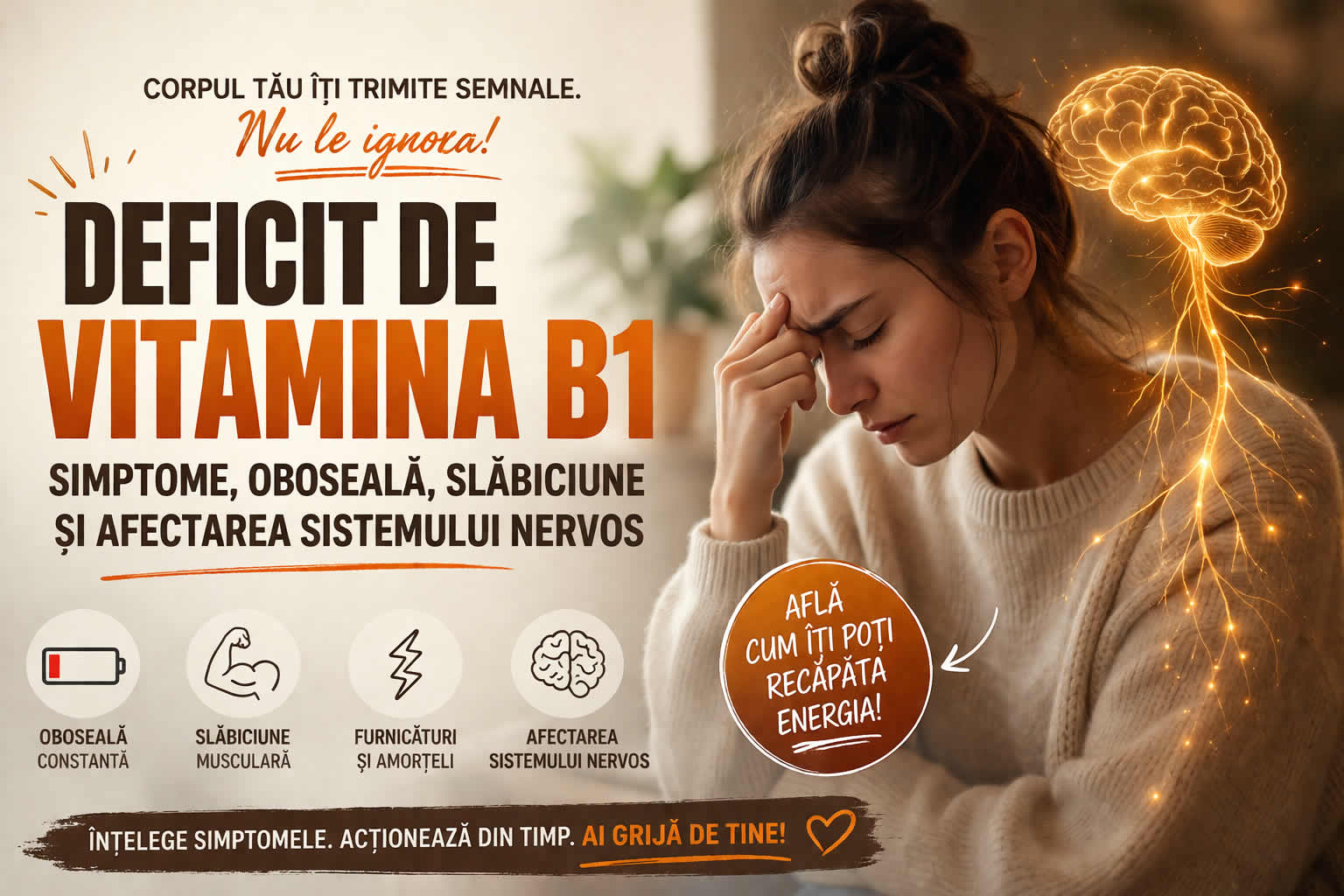 Femeie obosită și slăbită, ilustrând deficitul de vitamina B1, lipsa de energie, oboseala accentuată și slăbiciunea musculară