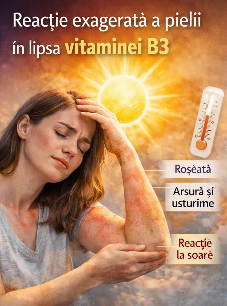 Piele sensibilă la soare și oboseală în deficit de vitamina B3 ilustrate într-o imagine emoțională de conținut