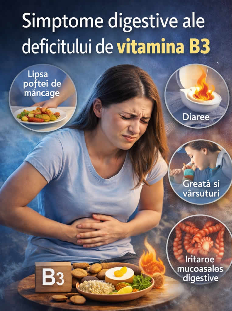 Simptome digestive în deficit de vitamina B3 la femeie obosită cu disconfort abdominal și energie scăzută