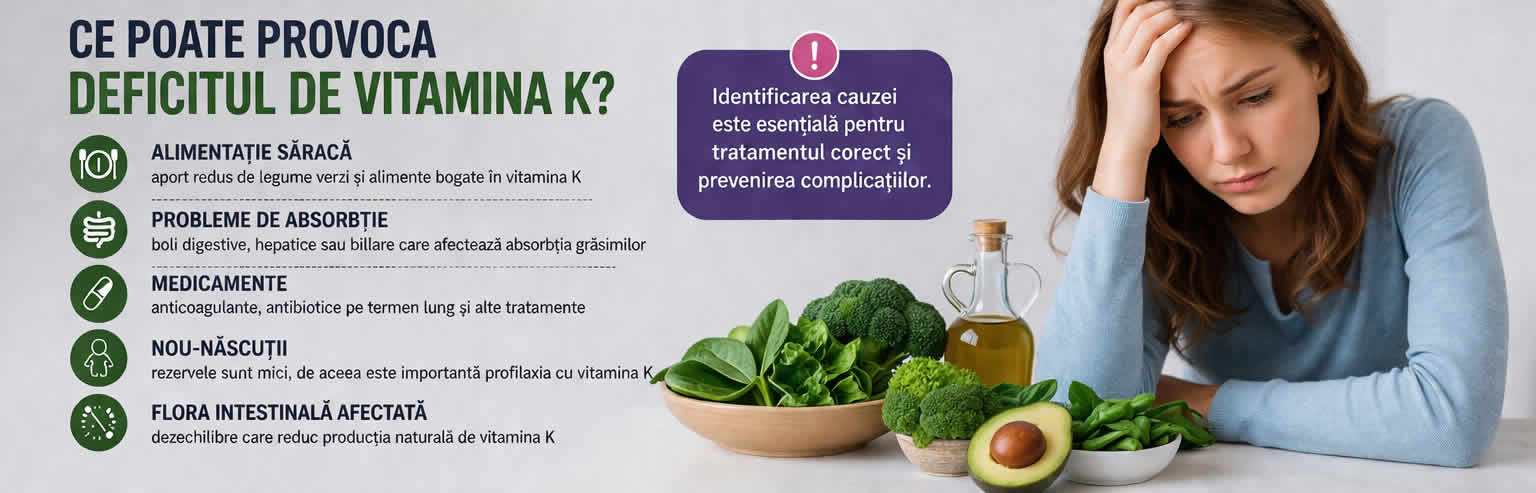 Imagine informativă despre deficitul de vitamina K, cu simptome precum vânătăi ușoare și sângerări frecvente, plus cauze precum alimentația săracă și absorbția redusă