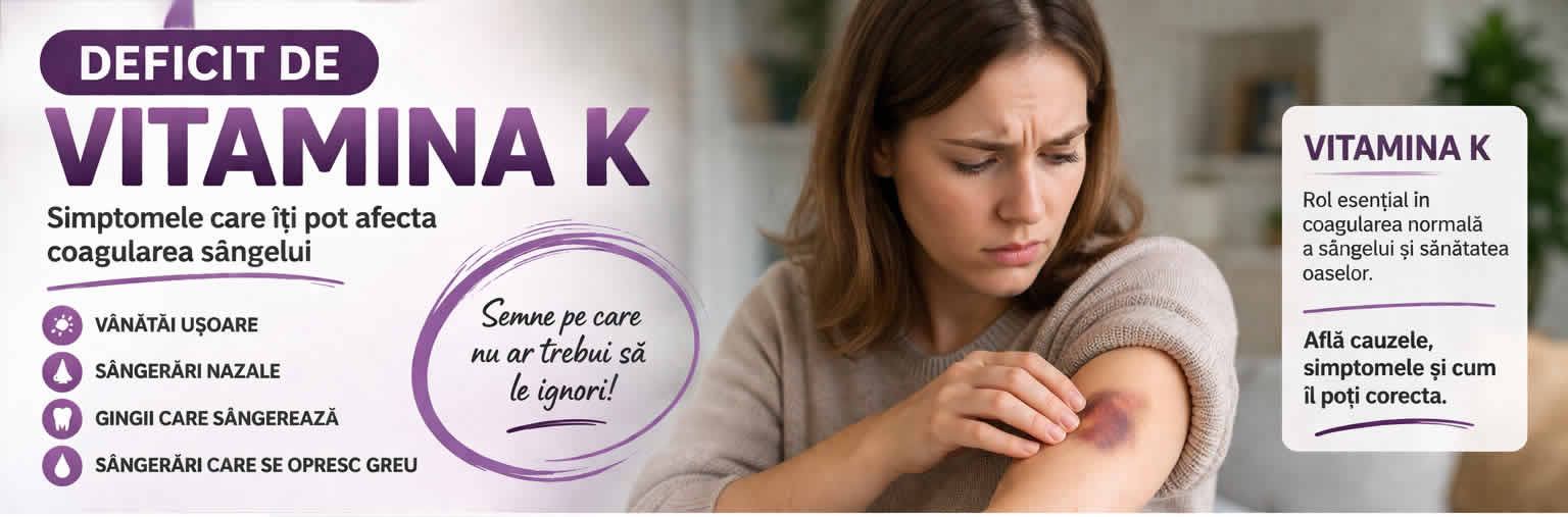 Deficit de vitamina K cu simptome precum vânătăi ușoare, sângerări nazale, gingii care sângerează și coagulare afectată