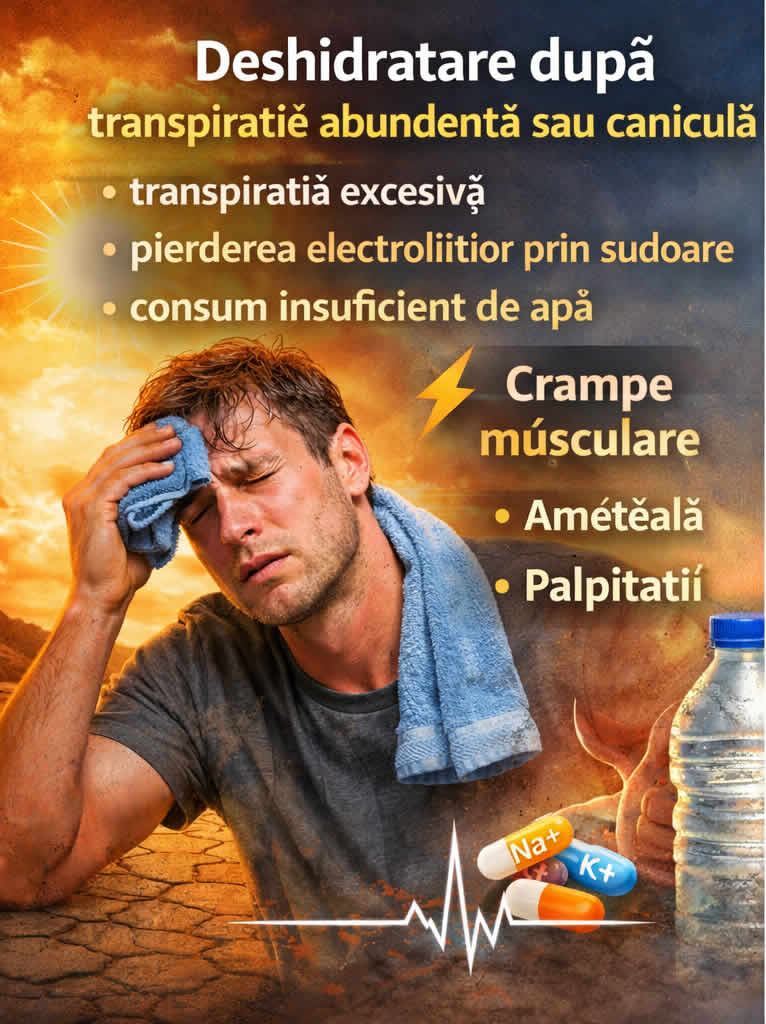 Deshidratare după transpirație abundentă sau caniculă – pierdere de electroliți, crampe musculare și amețeală