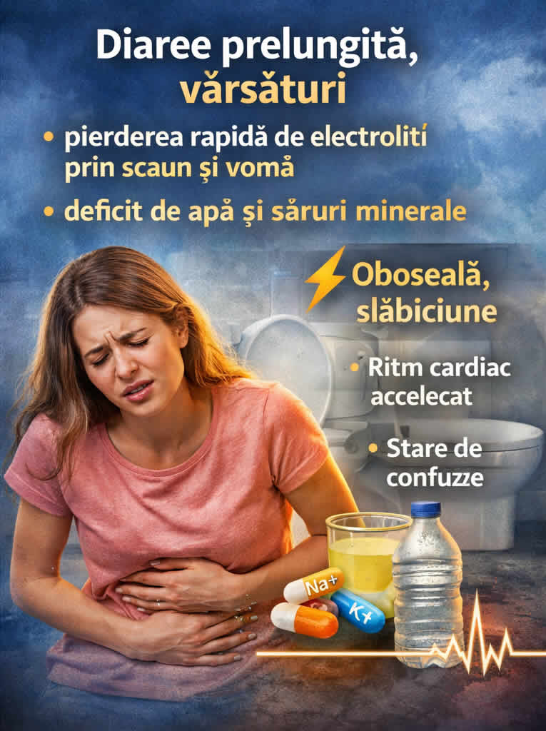 Diaree prelungită și vărsături – pierdere rapidă de electroliți, oboseală, slăbiciune și dezechilibru hidroelectrolitic