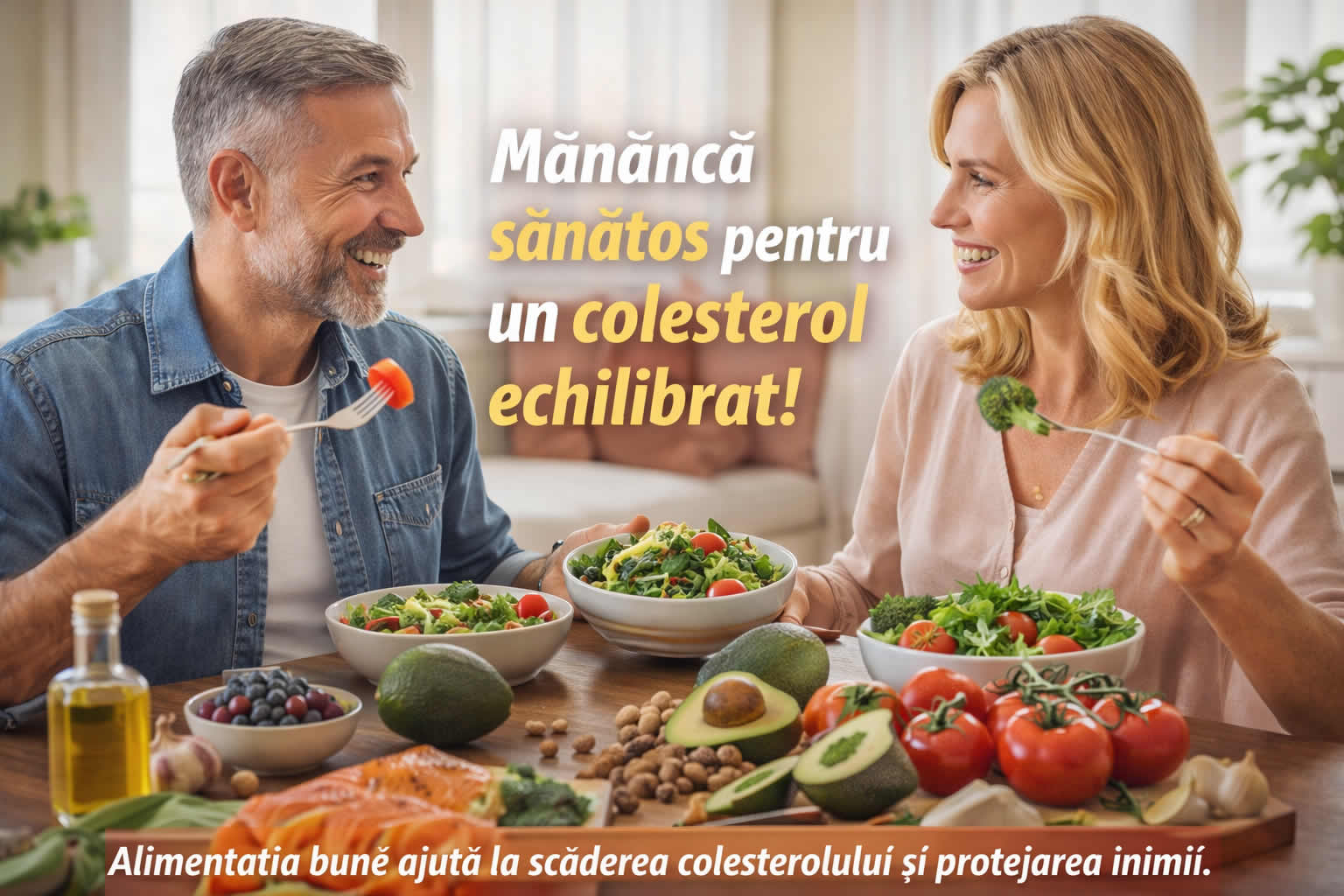 Cuplu care mananca legume si alimente sanatoase pentru scaderea colesterolului si protejarea inimii