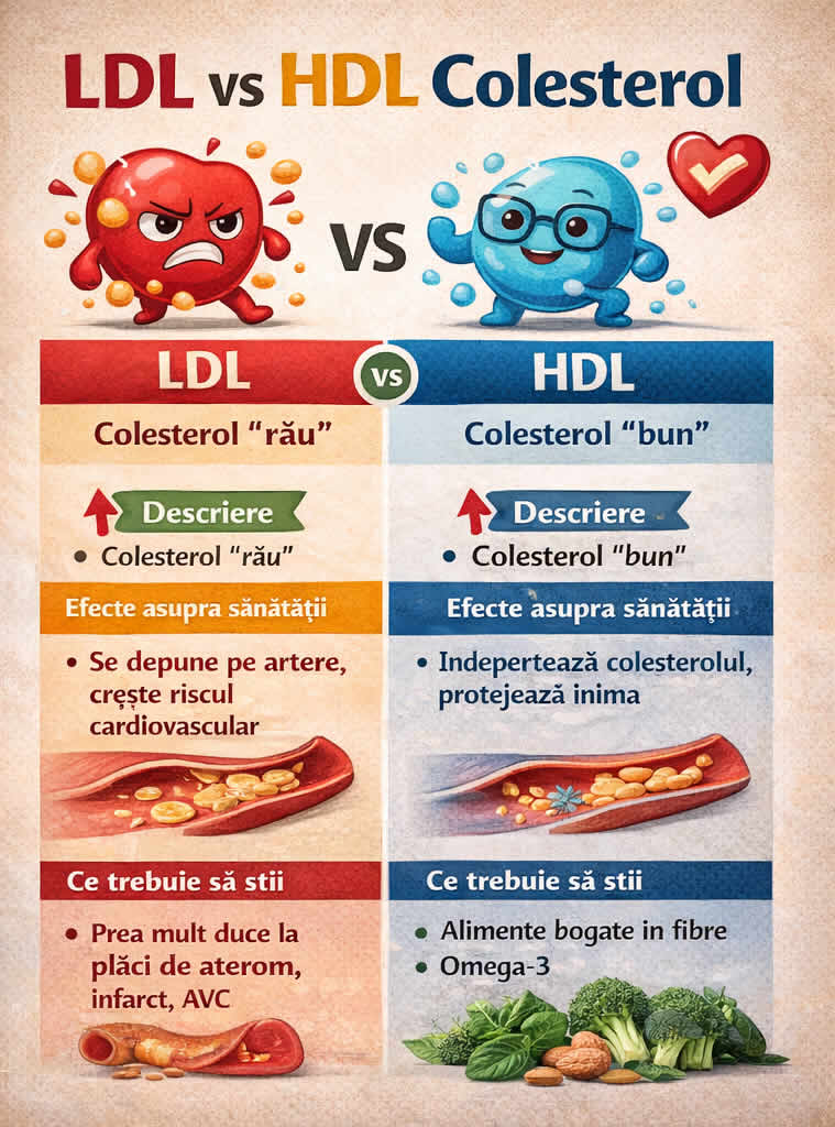 Diferența dintre colesterolul LDL și HDL explicată vizual – colesterol rău vs colesterol bun