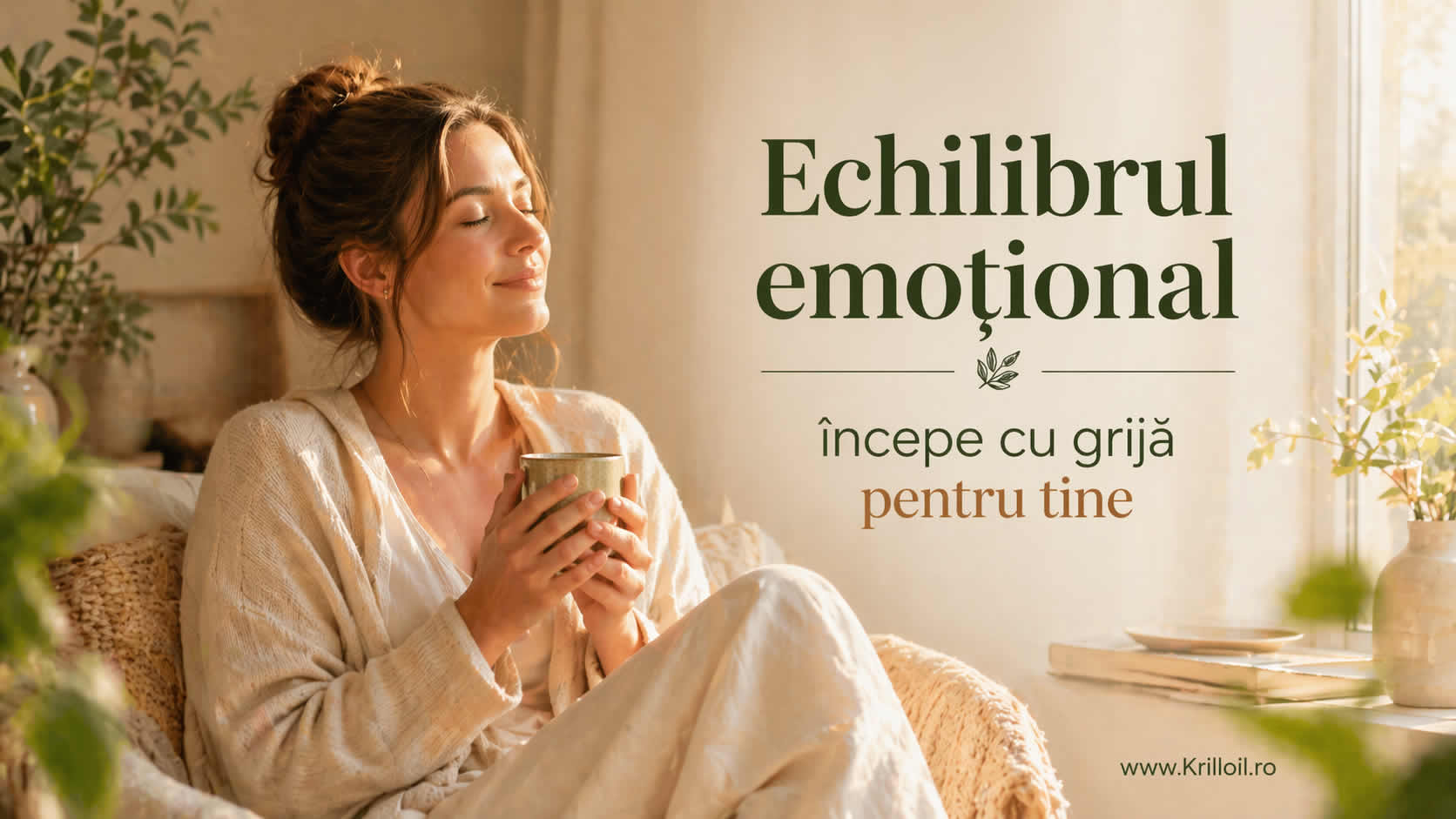 Echilibrul emoțional începe cu grijă pentru tine – femeie relaxată într-un decor luminos, imagine pentru stare de bine și echilibru emoțional