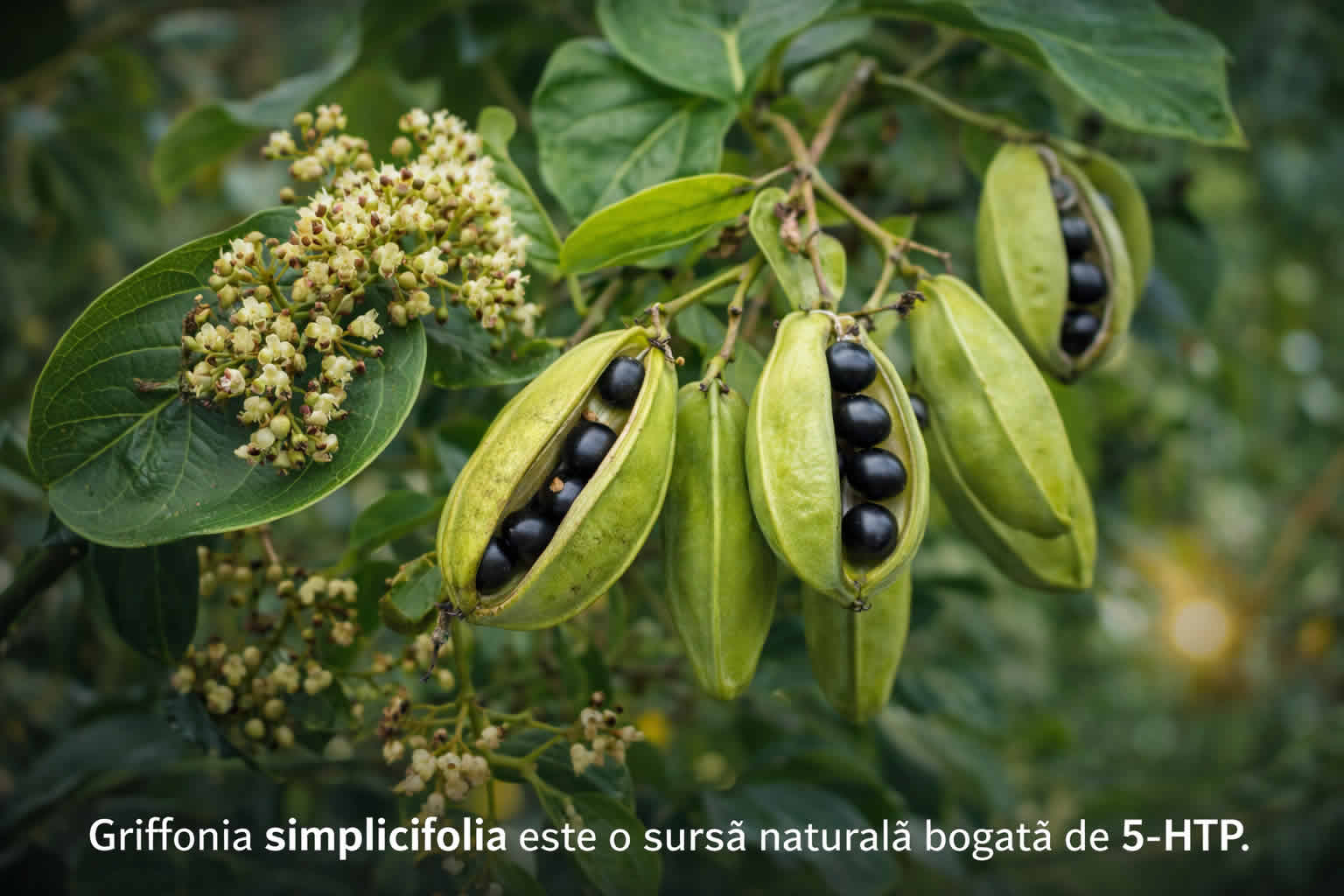 Griffonia simplicifolia, planta sursă naturală de 5-HTP folosită pentru serotonină, somn și echilibru emoțional