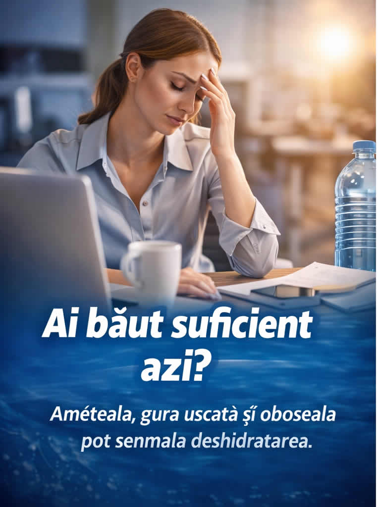 Semne de deshidratare la birou în zile aglomerate cu oboseală, amețeală și nevoie de hidratare corectă