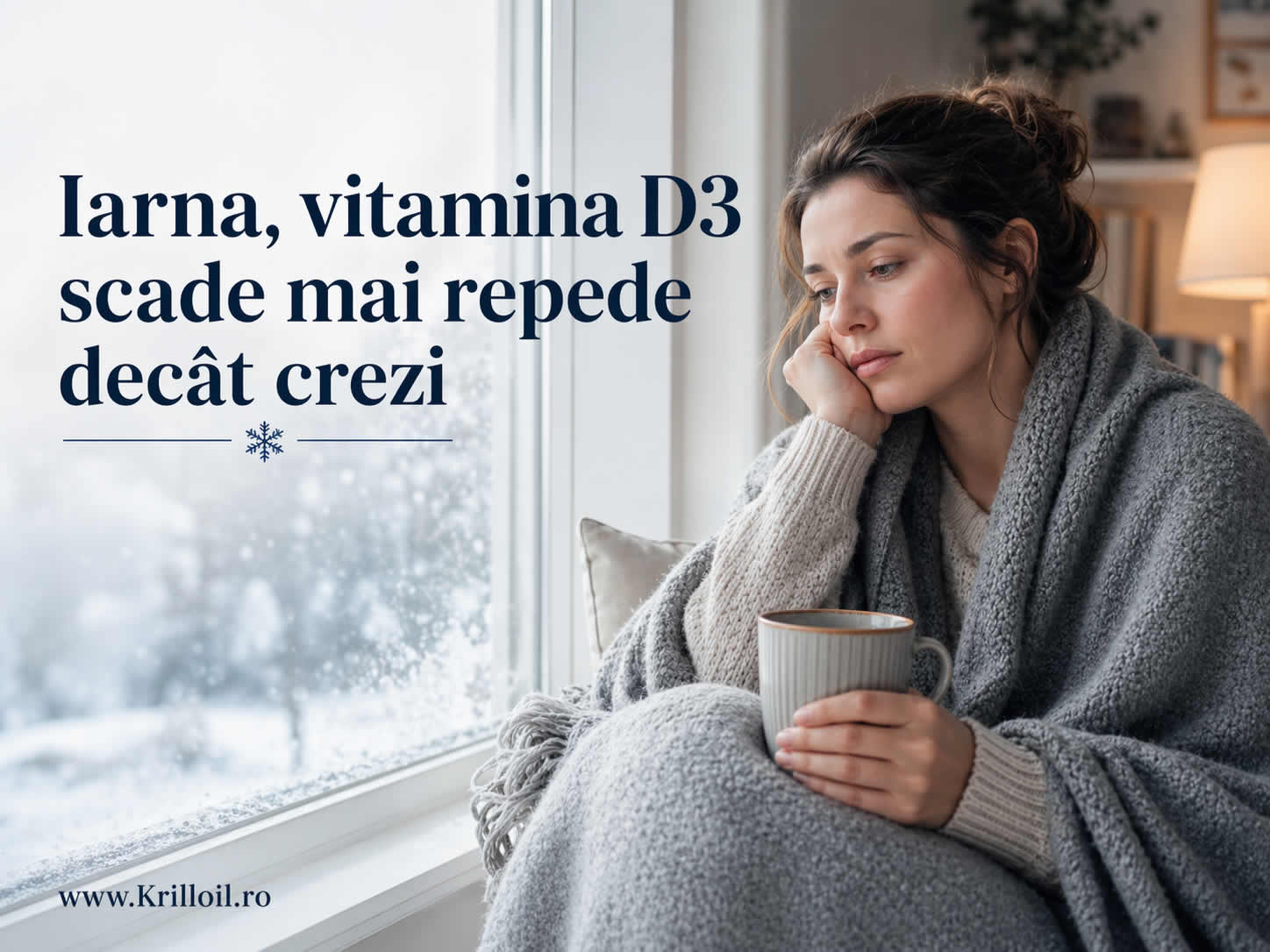 Femeie în sezonul rece lângă fereastră, ilustrând cum vitamina D3 poate scădea mai repede iarna