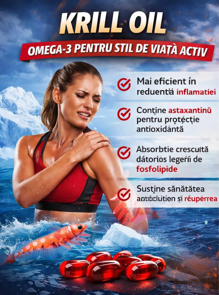 Krill Oil pentru stil de viață activ, recuperare musculară, articulații și omega-3 cu fosfolipide