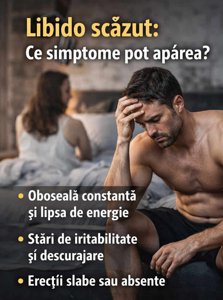 Bărbat obosit și stresat pe marginea patului, ilustrând simptome frecvente ale libidoului scăzut la bărbați, precum lipsa de energie, iritabilitate și erecții slabe