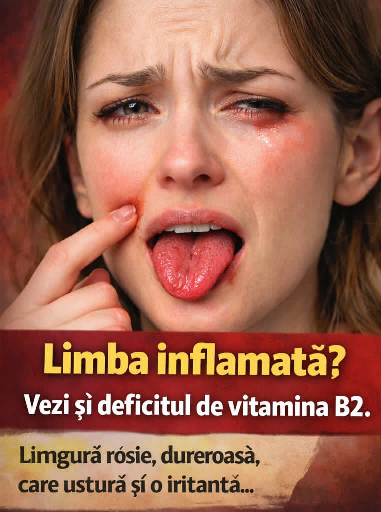 Limbă inflamată, roșie și dureroasă, simptom asociat cu deficitul de vitamina B2 și lipsa de riboflavină