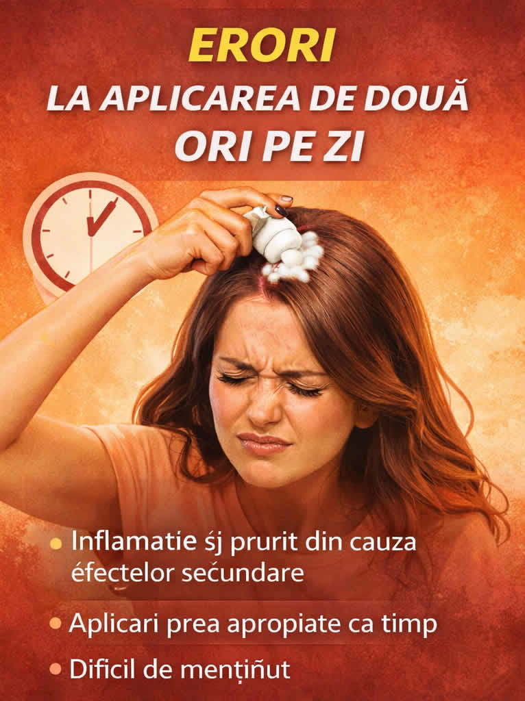 Minoxidil pentru scalp sensibil o dată pe zi sau de două ori pe zi în funcție de toleranță și formulă