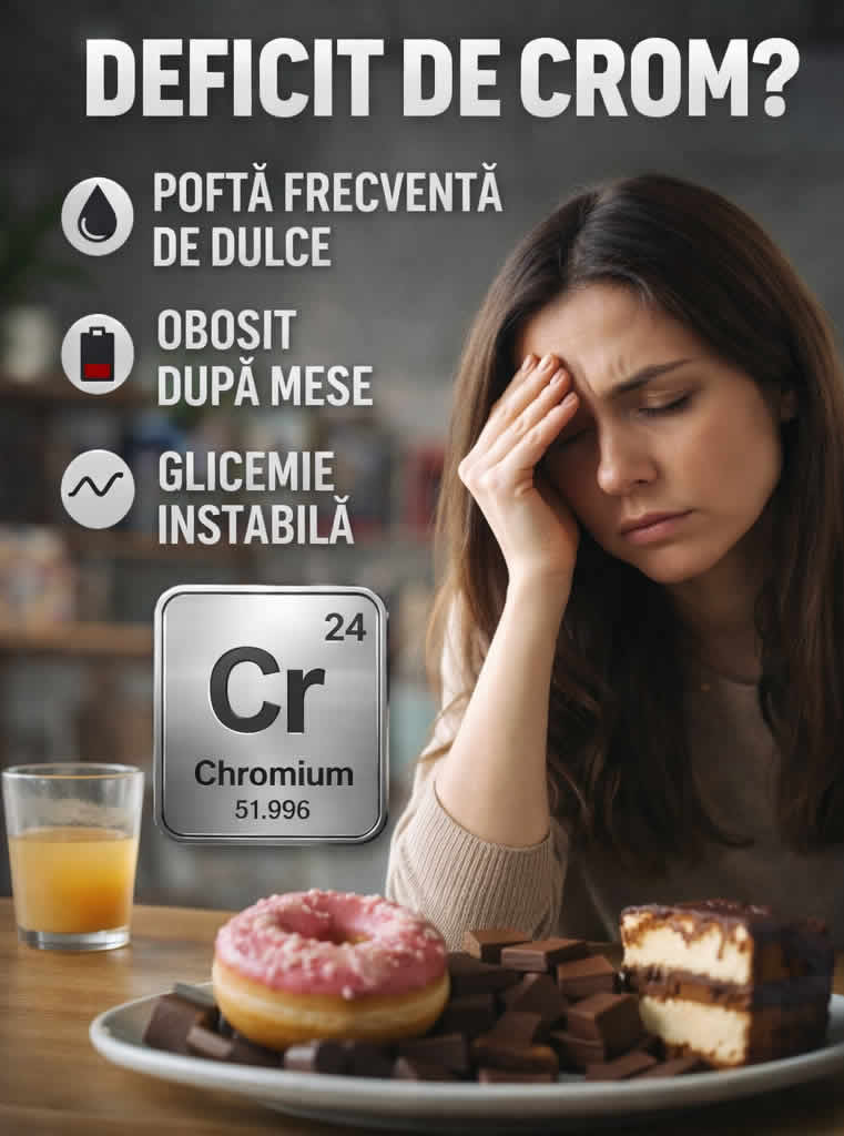 Femeie cu poftă de dulce constantă, lângă deserturi, imagine asociată cu deficit de crom și glicemie instabilă