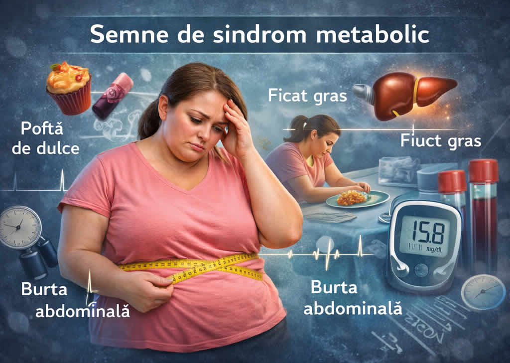Semne de sindrom metabolic ilustrate prin poftă de dulce, burtă abdominală, glicemie crescută și ficat gras la o femeie îngrijorată