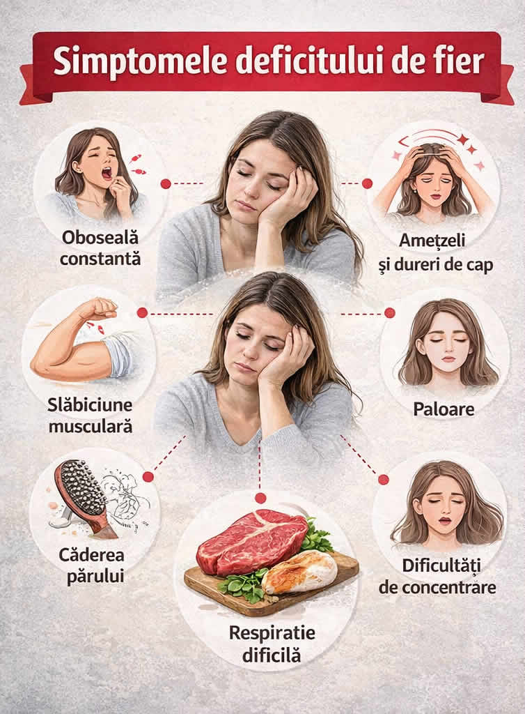 Simptome deficit de fier – oboseală constantă, amețeli, paloare, slăbiciune musculară și căderea părului
