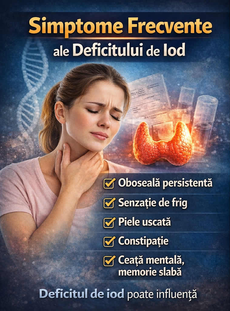 Simptome frecvente ale deficitului de iod, inclusiv oboseală persistentă, senzație de frig, piele uscată, constipație și ceață mentală
