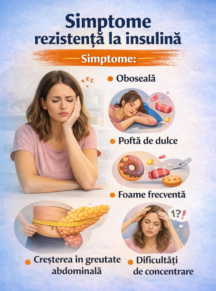 Simptome rezistență la insulină – oboseală, poftă de dulce, foame frecventă, creștere în greutate abdominală și dificultăți de concentrare