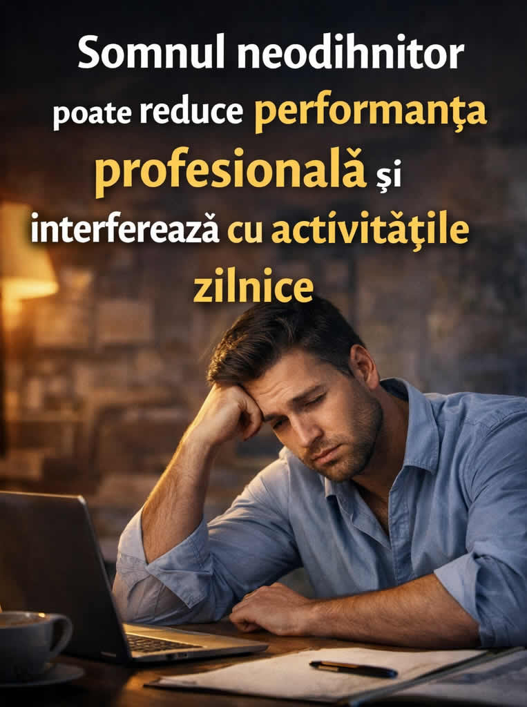 Persoană trează noaptea în pat cu insomnie, somn fragmentat, oboseală cronică și randament scăzut ziua
