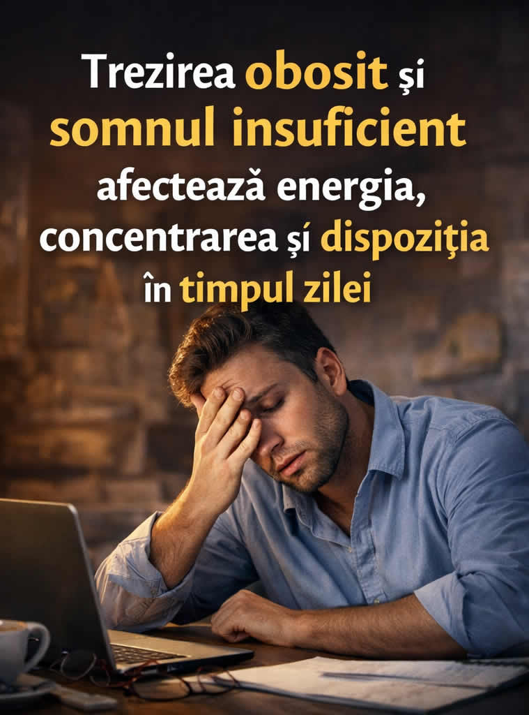 Somn neodihnitor, persoană obosită dimineața după o noapte fără odihnă, energie scăzută și concentrare slabă în timpul zilei