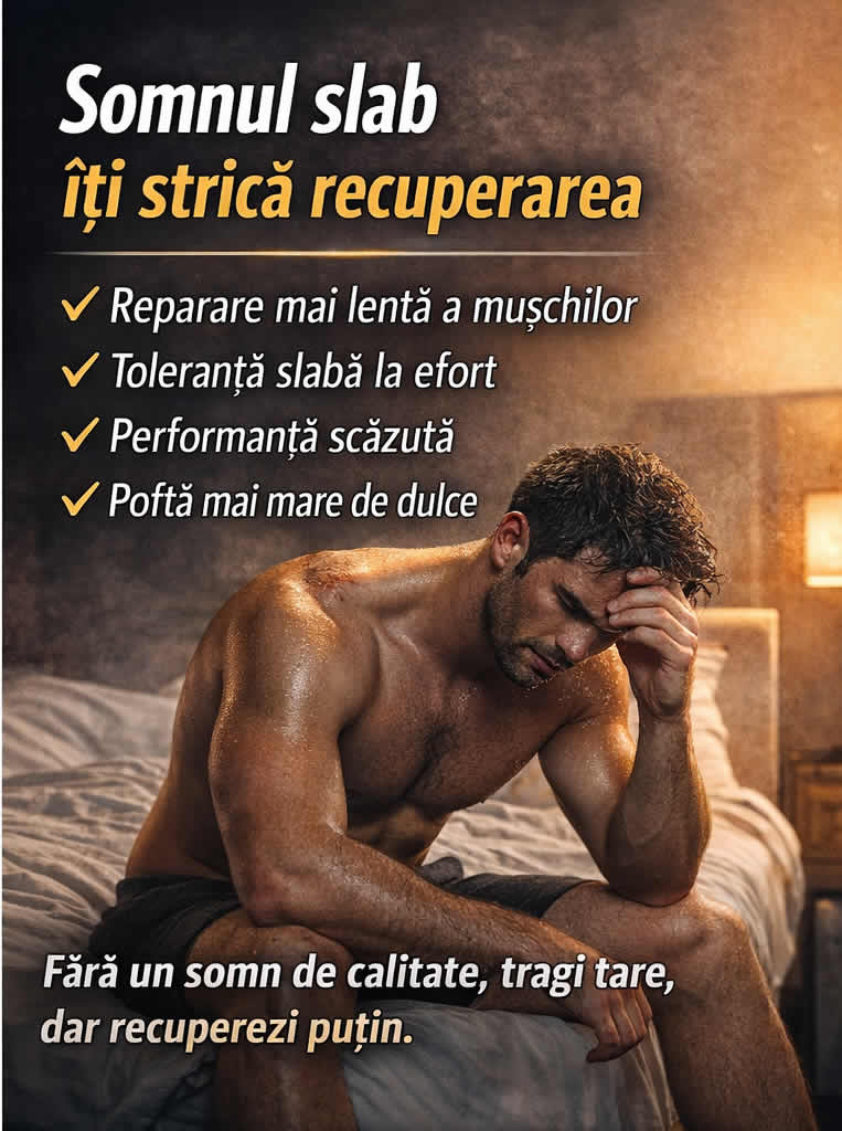 Sportiv obosit pe marginea patului, imagine despre somn slab, recuperare musculara lenta si oboseala dupa antrenamente dese