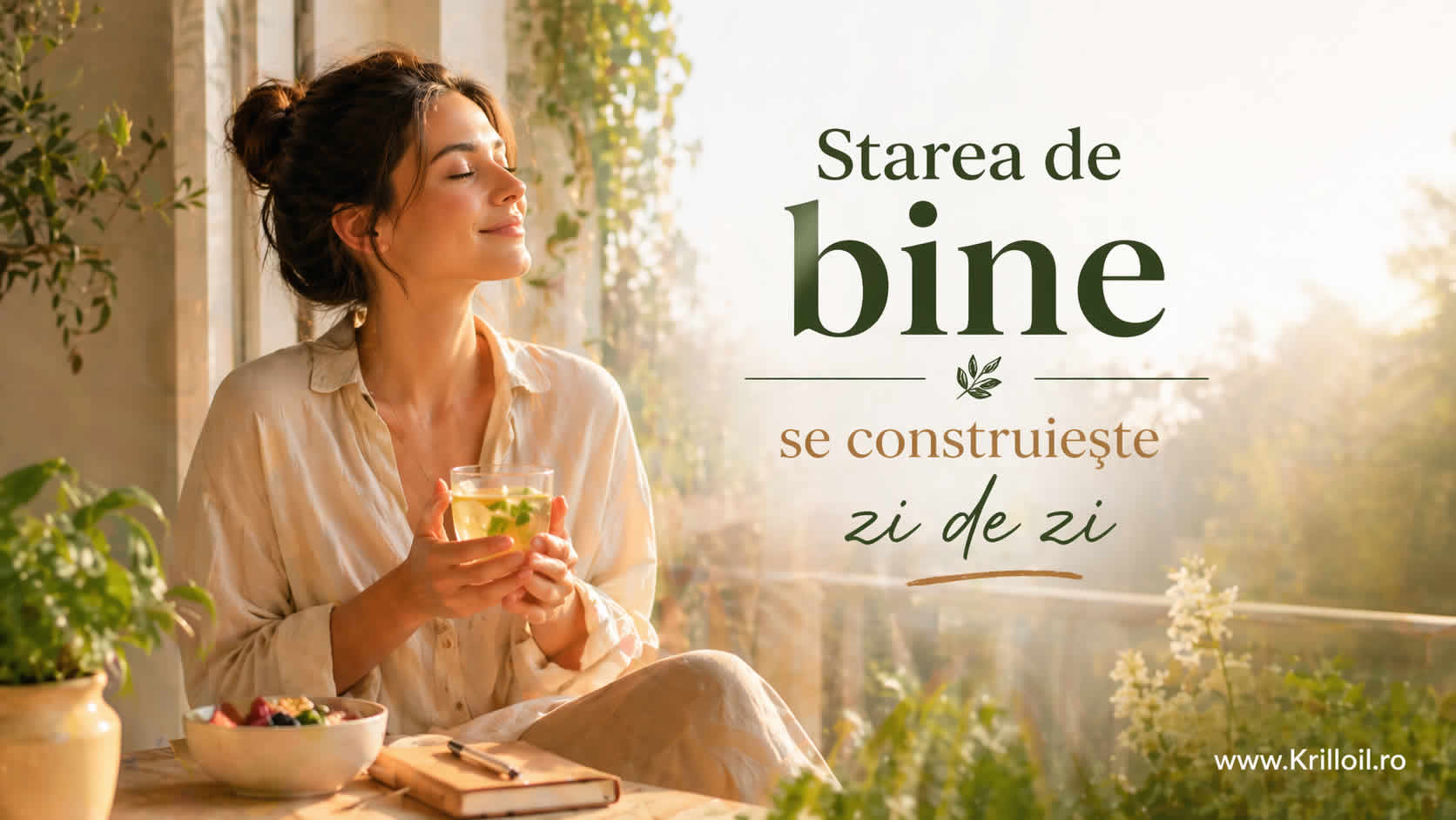 Starea de bine se construiește zi de zi – femeie liniștită cu ceai într-un decor natural, imagine despre echilibru emoțional și stare de bine