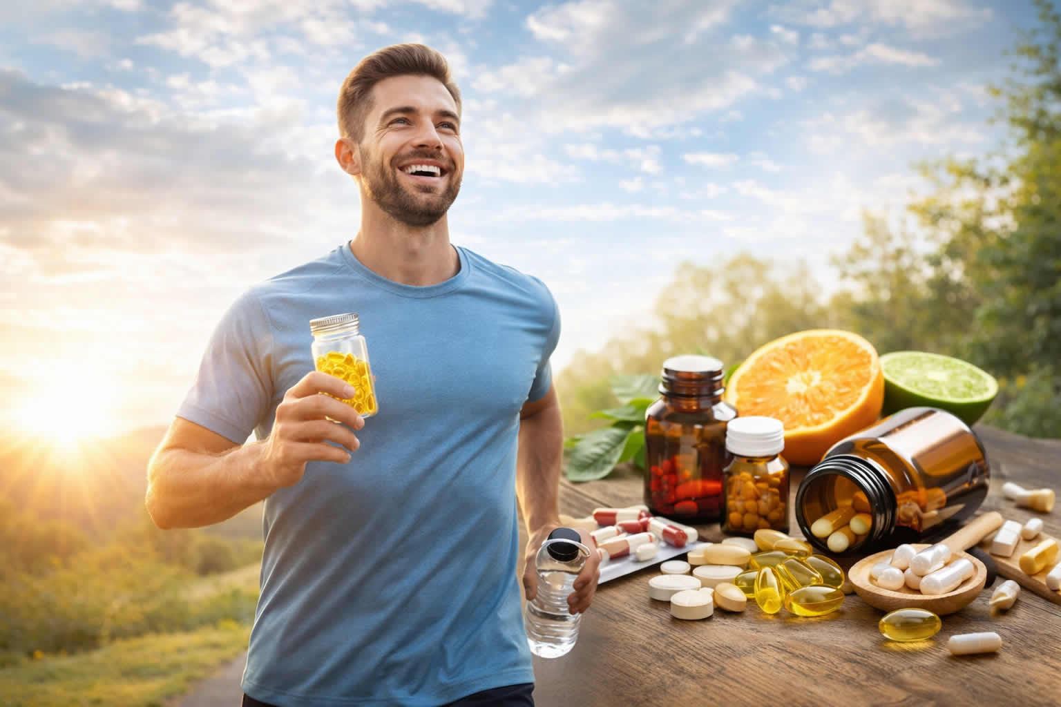 Barbat energic care face sport dupa administrarea de suplimente alimentare pentru energie si vitamine