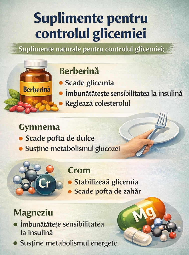 Suplimente pentru controlul glicemiei și rezistența la insulină precum berberina, gymnema, cromul și magneziul