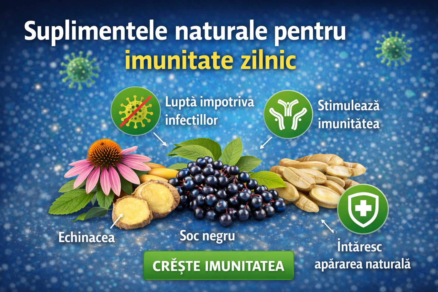Suplimente naturale pentru imunitate precum echinacea, soc negru și plante care stimulează sistemul imunitar