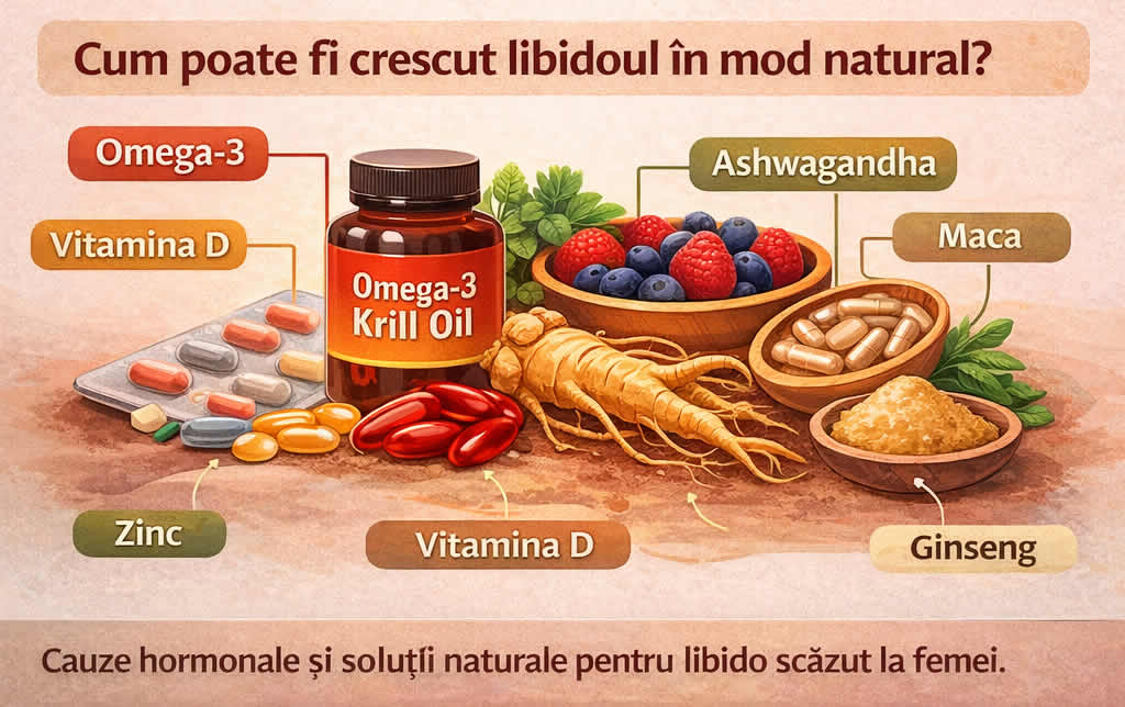 Suplimente naturale pentru cresterea libidoului la femei: omega 3 krill oil, vitamina D, zinc, maca, ginseng si ashwagandha