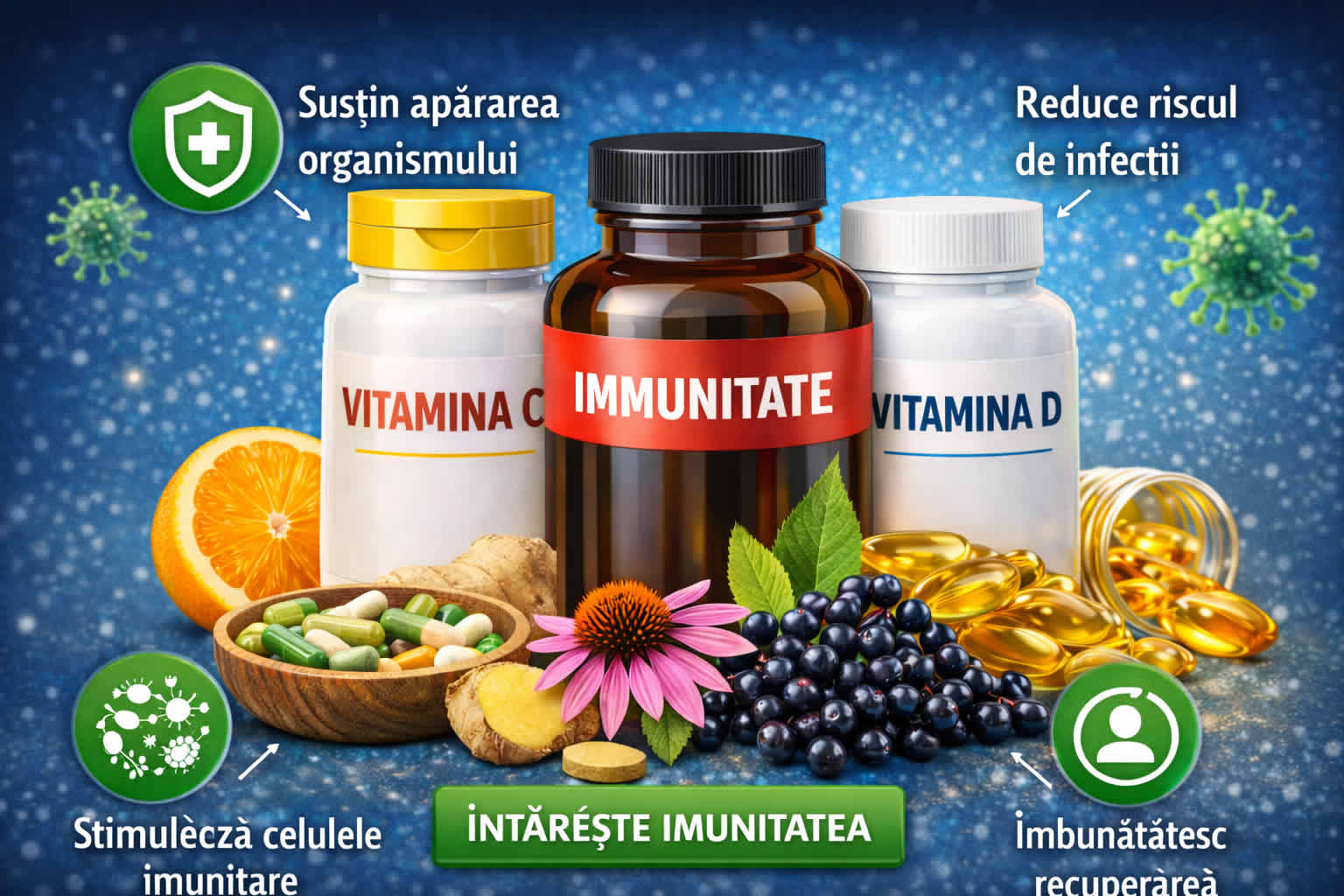 Suplimente pentru imunitate cu vitamina C, vitamina D și ingrediente naturale care susțin sistemul imunitar