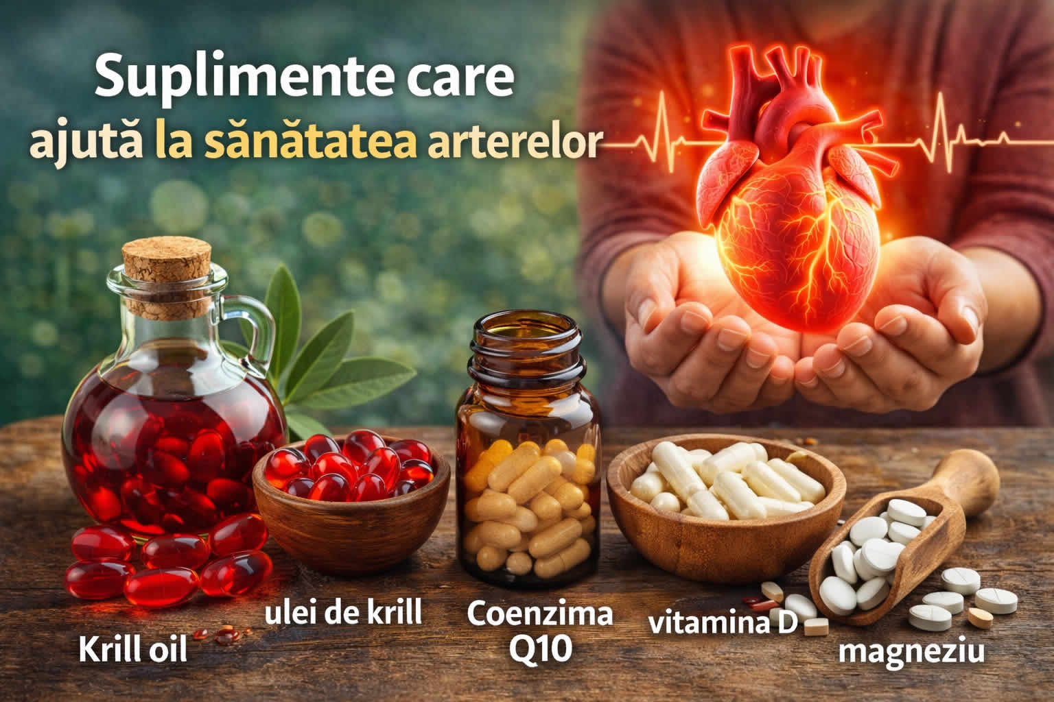 Suplimente pentru sănătatea arterelor – ulei de krill omega 3, coenzima Q10, vitamina D și magneziu pentru inimă și circulație