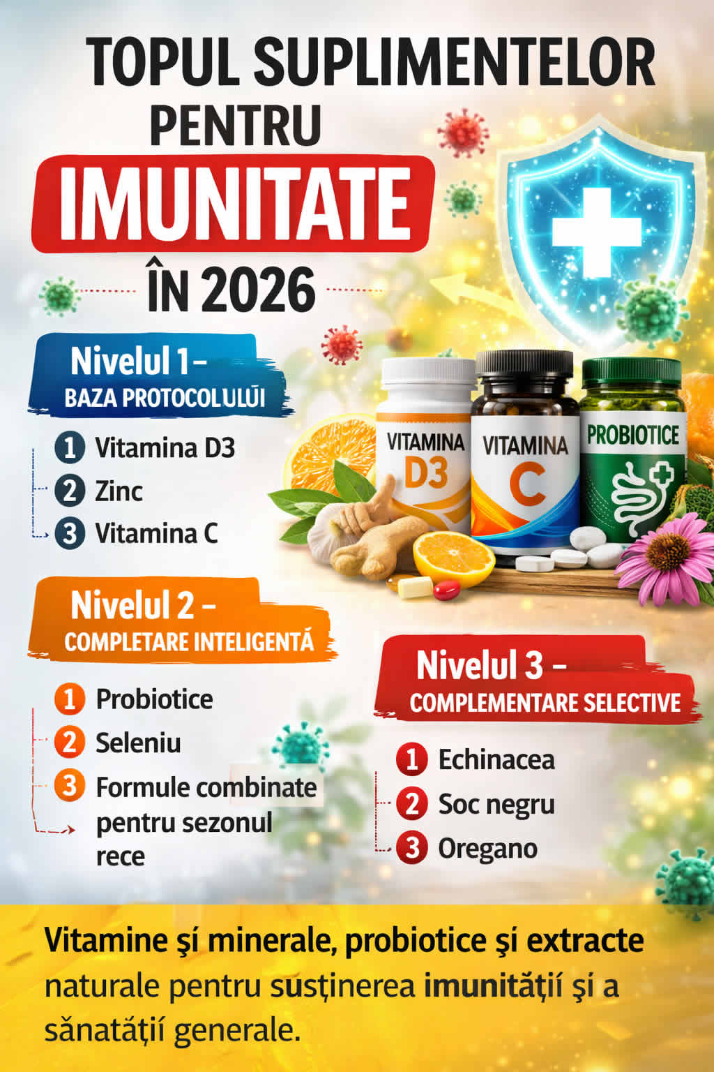 Top suplimente pentru imunitate în 2026 cu vitamina D3, zinc, vitamina C, probiotice, seleniu și oregano