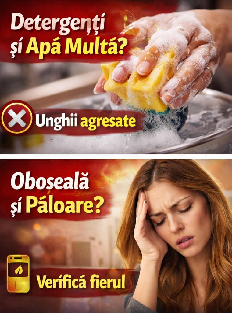 Mâini care spală vase cu burete și spumă, imagine despre unghii fragile afectate de detergenți și apă multă