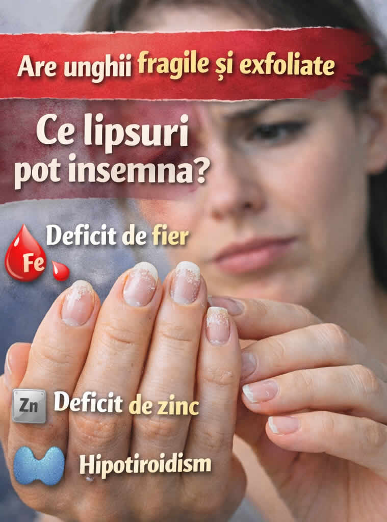 Femeie care analizează unghii fragile și exfoliate, posibil asociate cu deficit de fier, zinc sau hipotiroidism