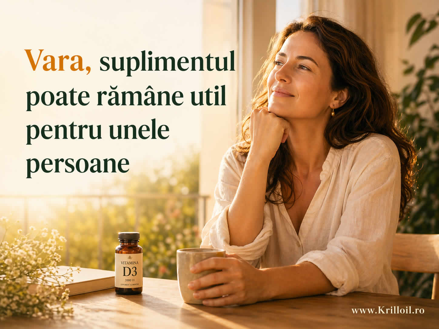 Femeie vara la lumină naturală cu supliment vitamina D3 pe masă, imagine despre situațiile în care suplimentul poate rămâne util chiar și în sezonul cald