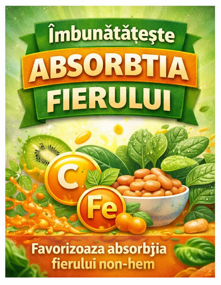 Vitamina C imbunatateste absorbtia fierului non-hem din alimente vegetale precum spanac, leguminoase si kiwi