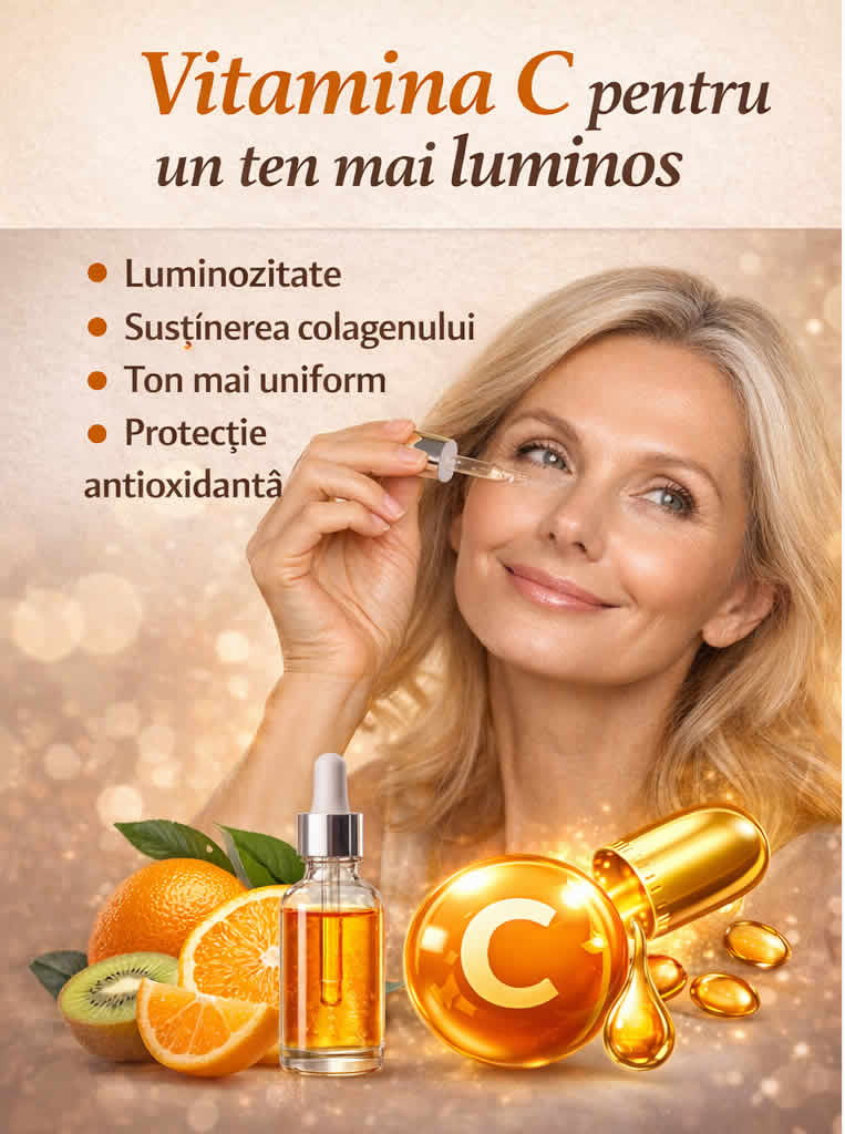 Vitamina C pentru ten matur, luminozitate, susținerea colagenului și ton uniform al pielii