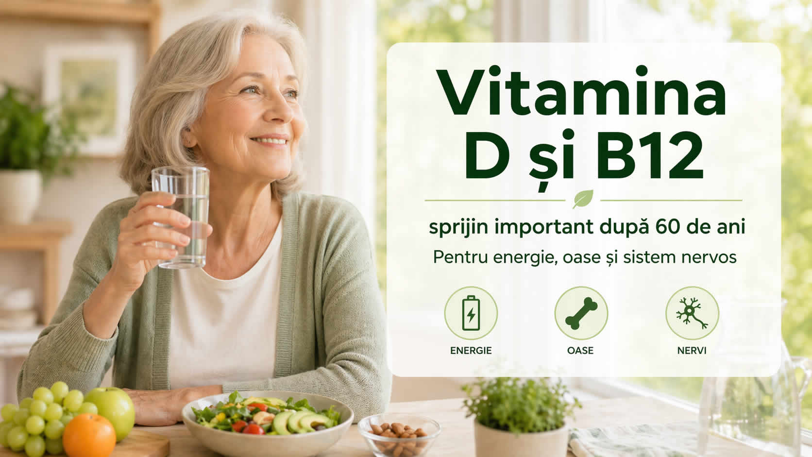 Femeie vârstnică zâmbitoare cu pahar de apă, imagine despre vitamina D și B12 pentru vârstnici, energie, oase și sistem nervos după 60 de ani