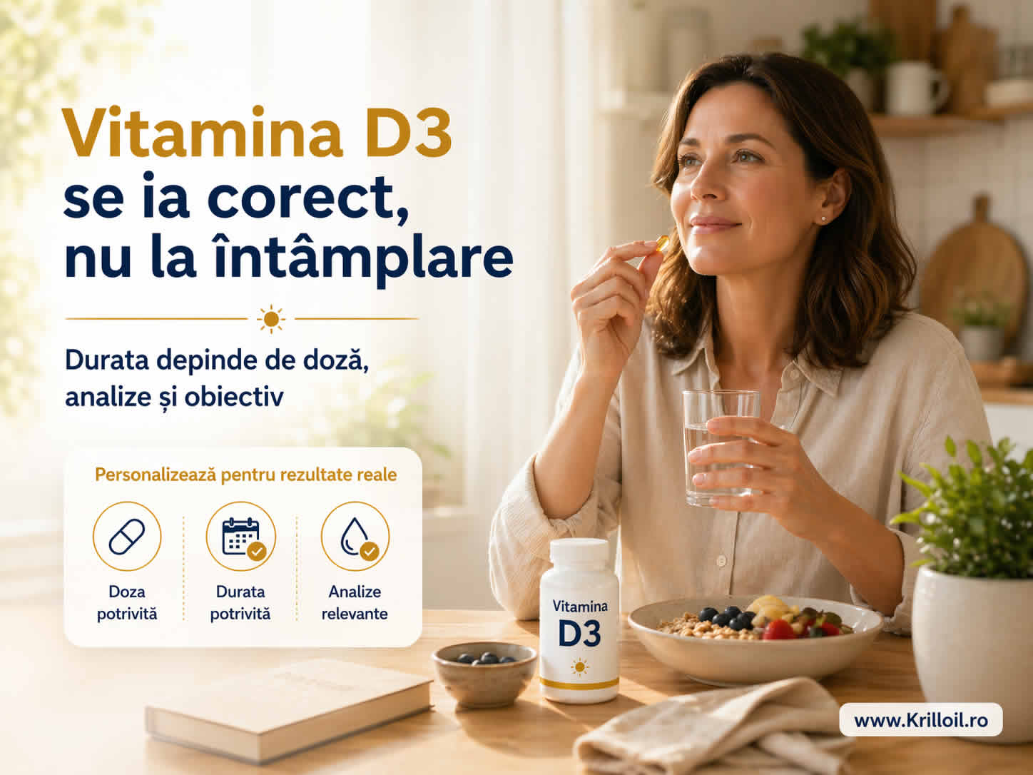 Vitamina D3 se ia corect, nu la întâmplare – durata depinde de doză, analize și obiectiv