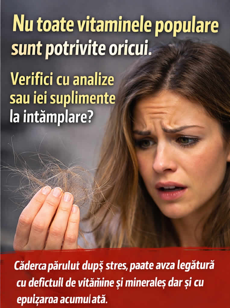 Femeie îngrijorată care ține fire de păr căzute în mână și se întreabă ce vitamine sau analize merită făcute după stres