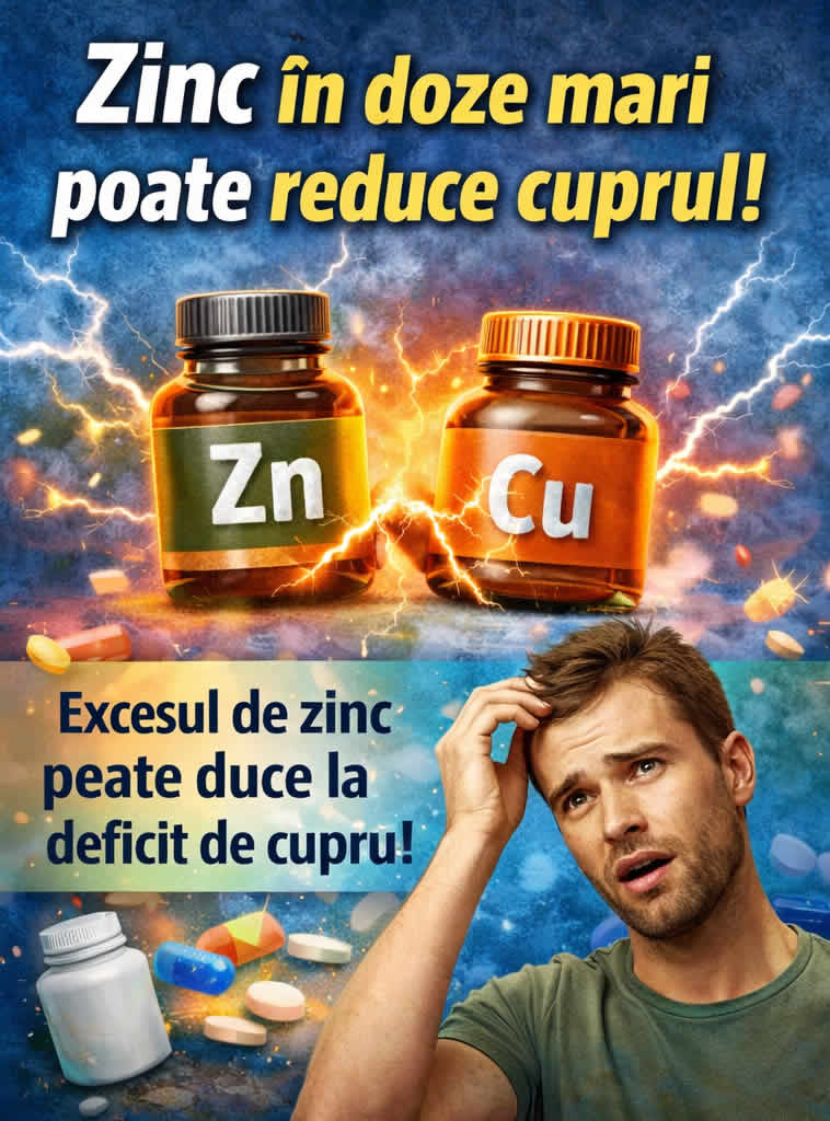 Zinc în doze mari poate reduce absorbția cuprului și poate favoriza dezechilibre minerale