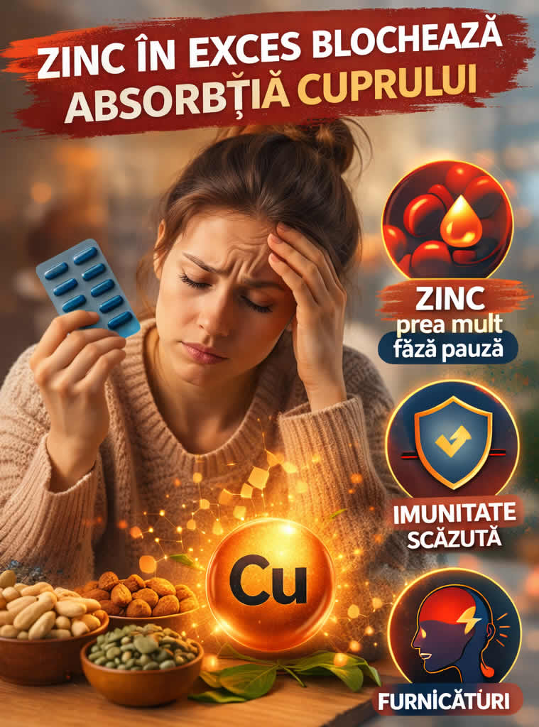 Zinc în exces poate bloca absorbția cuprului și poate contribui la imunitate scăzută și furnicături
