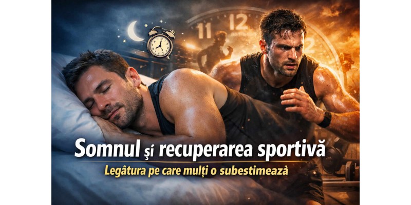 Somnul și recuperarea sportivă, banner despre refacerea musculară, energie și performanță după antrenament