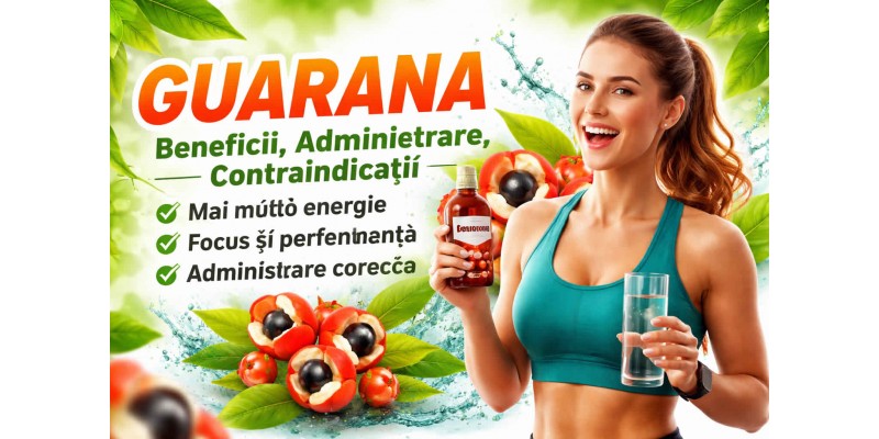 Guarana beneficii, administrare și contraindicații – banner despre energie, focus și performanță