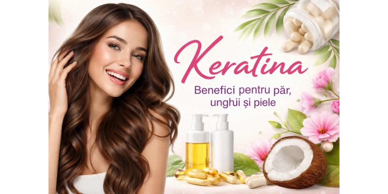 Keratina pentru păr, unghii și piele – banner despre beneficiile keratinei pentru frumusețe și rezistență