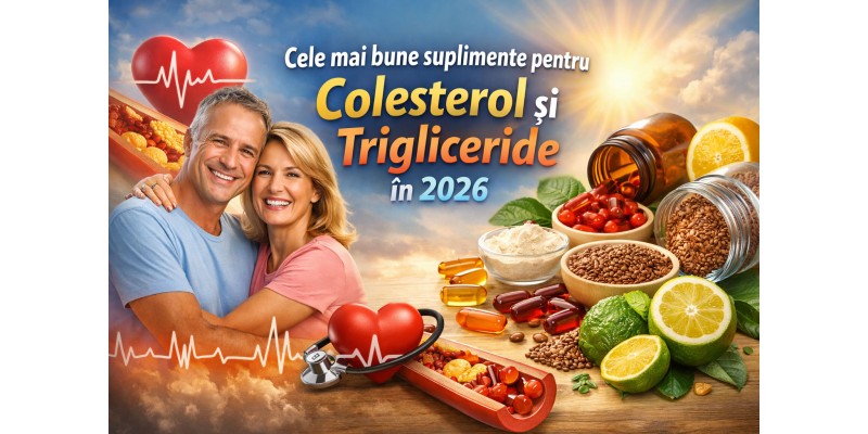 Cele mai bune suplimente pentru colesterol și trigliceride în 2026 – banner cu omega 3, ulei de krill, fibre și ingrediente pentru sănătatea inimii