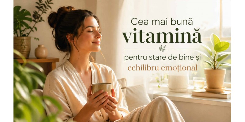 Cea mai bună vitamină pentru stare de bine și echilibru emoțional – femeie relaxată într-un interior luminos, imagine banner articol