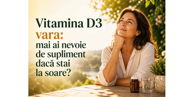 Femeie la soare vara, lângă un supliment cu vitamina D3, banner pentru articolul despre necesitatea suplimentării în sezonul cald