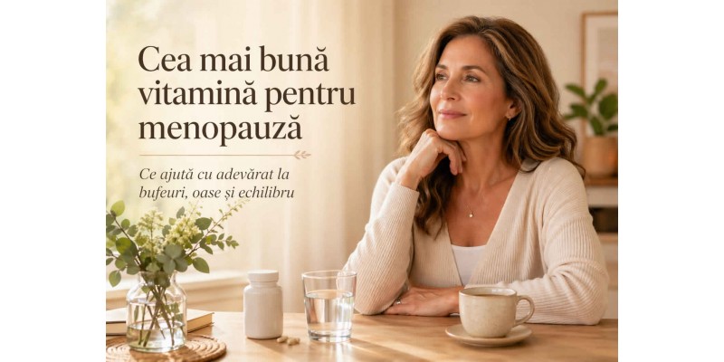 Femeie la menopauză într-un cadru luminos, cu suplimente, apă și ceai, imagine pentru articol despre cea mai bună vitamină pentru menopauză
